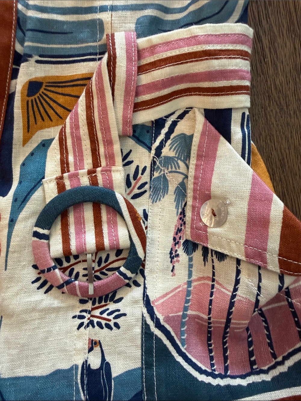 FARM Rio Cream, Blue, Pink & Tan Printed Mini Shirtdress with Belt - Picture 2 of 2